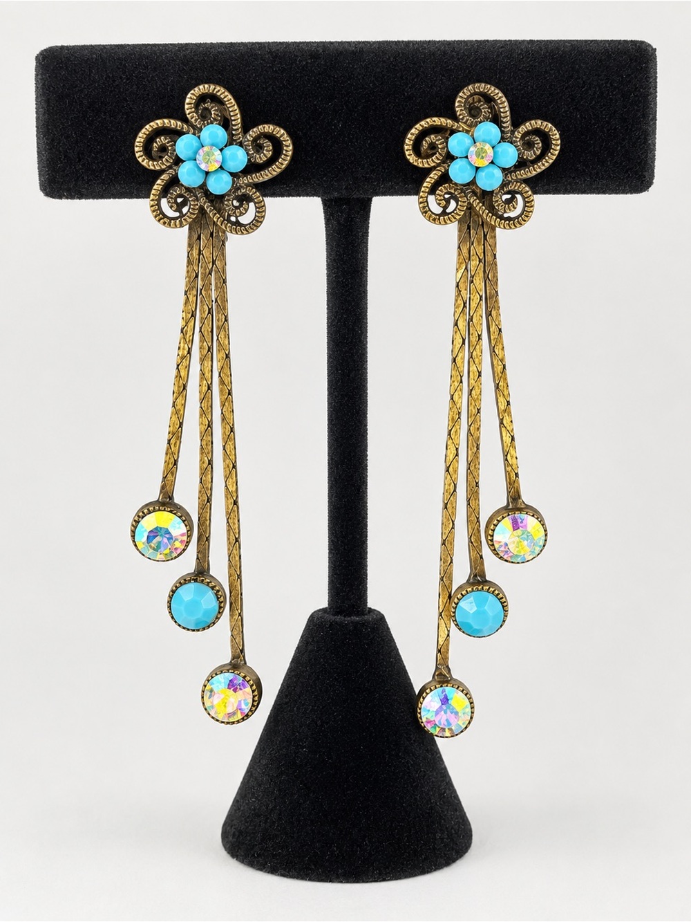 Turquoise Crystal Flower Drop Earrings - Vintage Brass